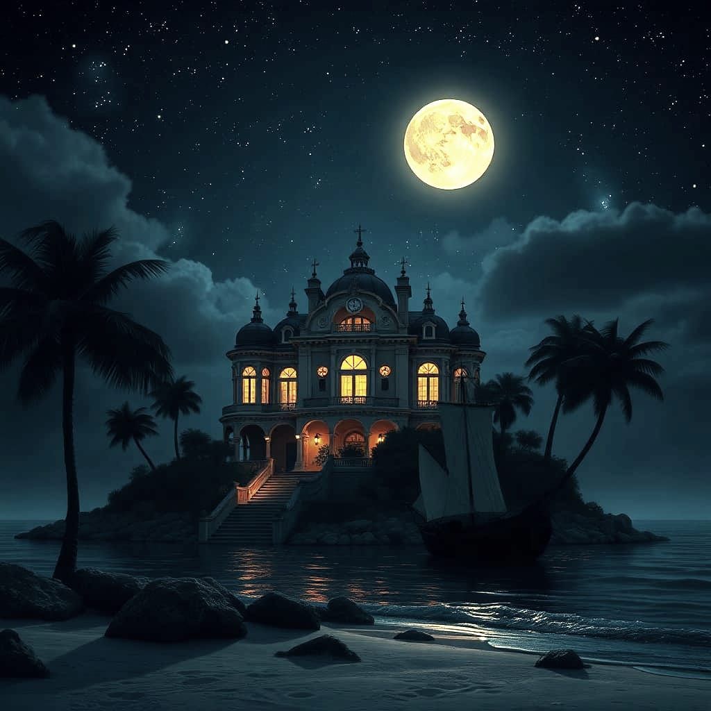 Baroque Mansion on Tropical Beach at Night