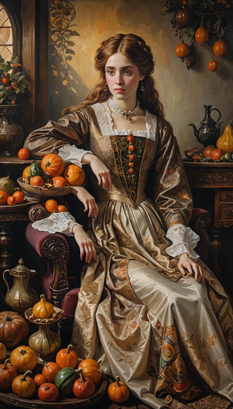 Victorian Girl with Gourds: A Pre-Raphaelite Painting