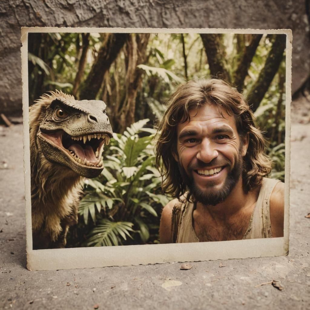 Neanderthal Selfie Interrupted by Velociraptor