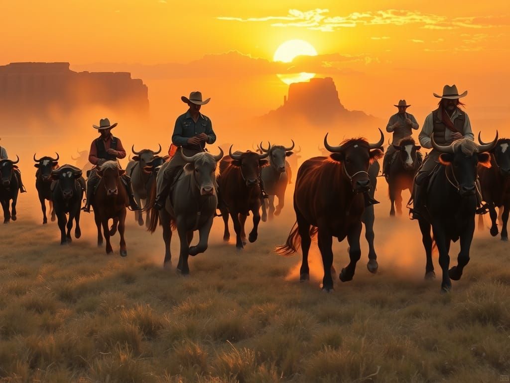 Cattle Drive Sunset: Impressionistic American West Scene