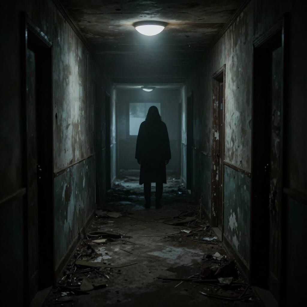 Eerie Abandoned Hallway with Shadowy Figure and Fog