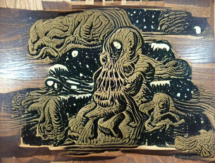 Lovecraftian Cosmic Horror in Woodcut Style