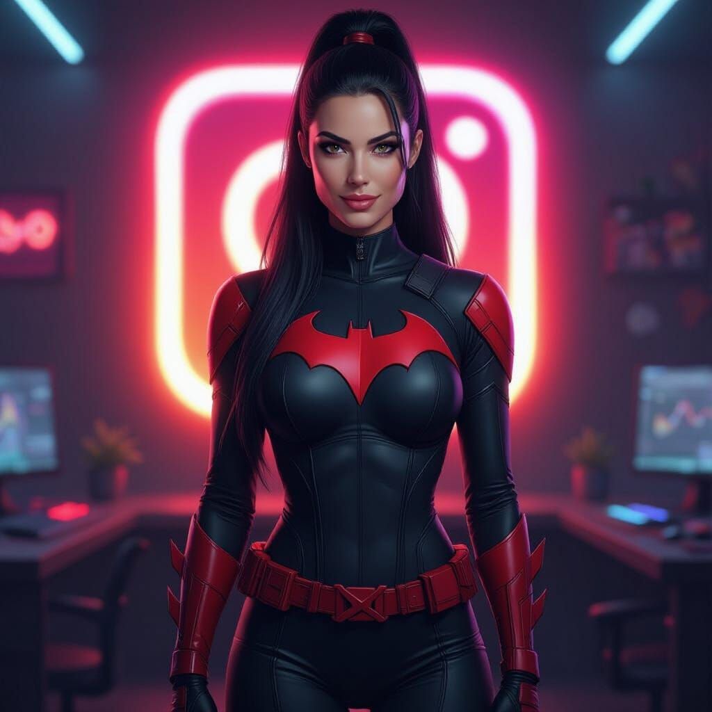 Mature Female Superhero in Black and Red Suit