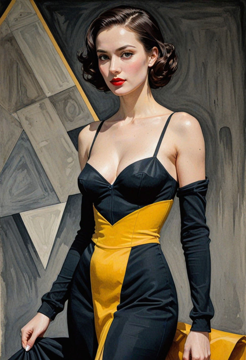 Surreal Watercolor Painting with Cubist and Art Deco Motifs