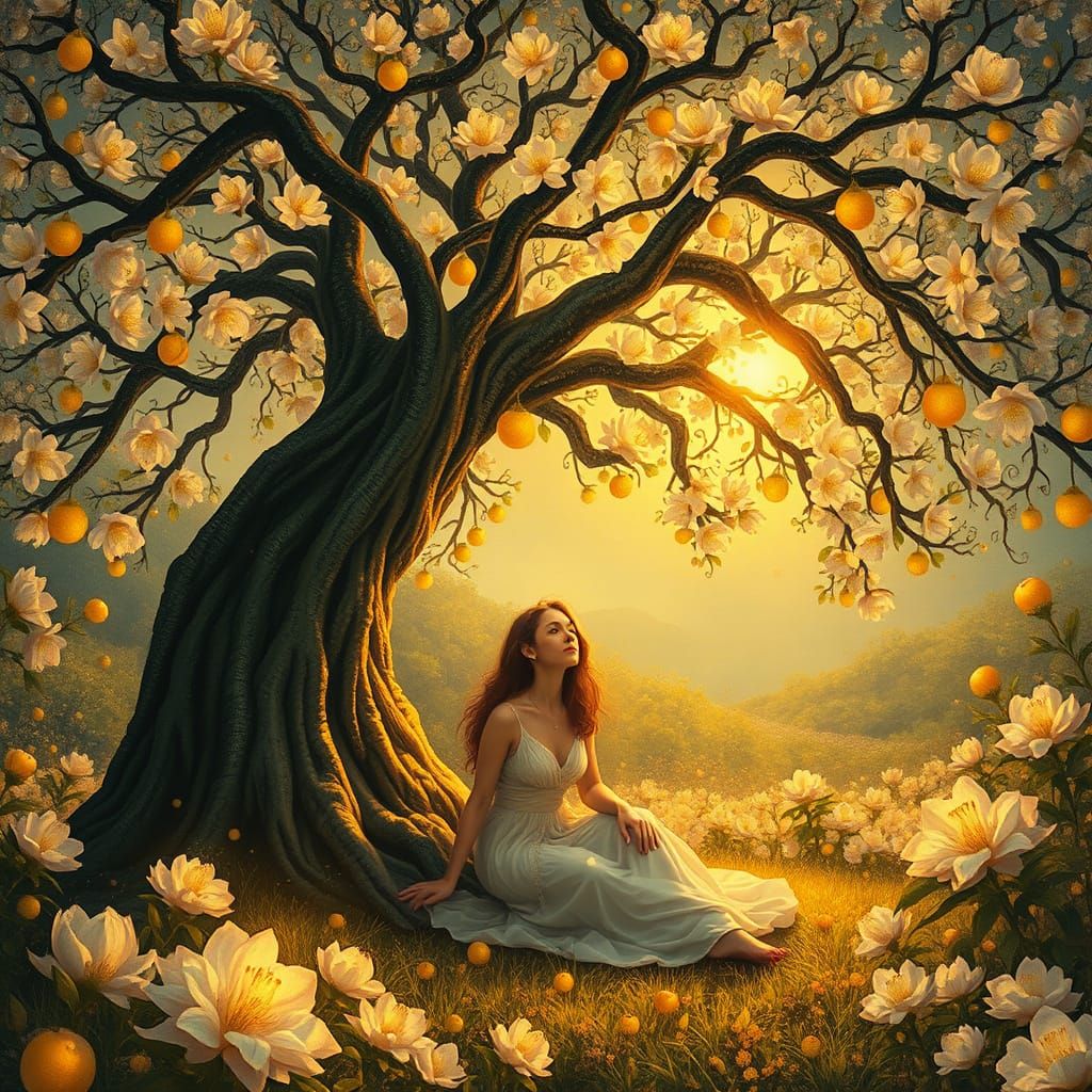 Tree of Life in a Vibrant, Dreamlike Garden with Ethereal Bl...