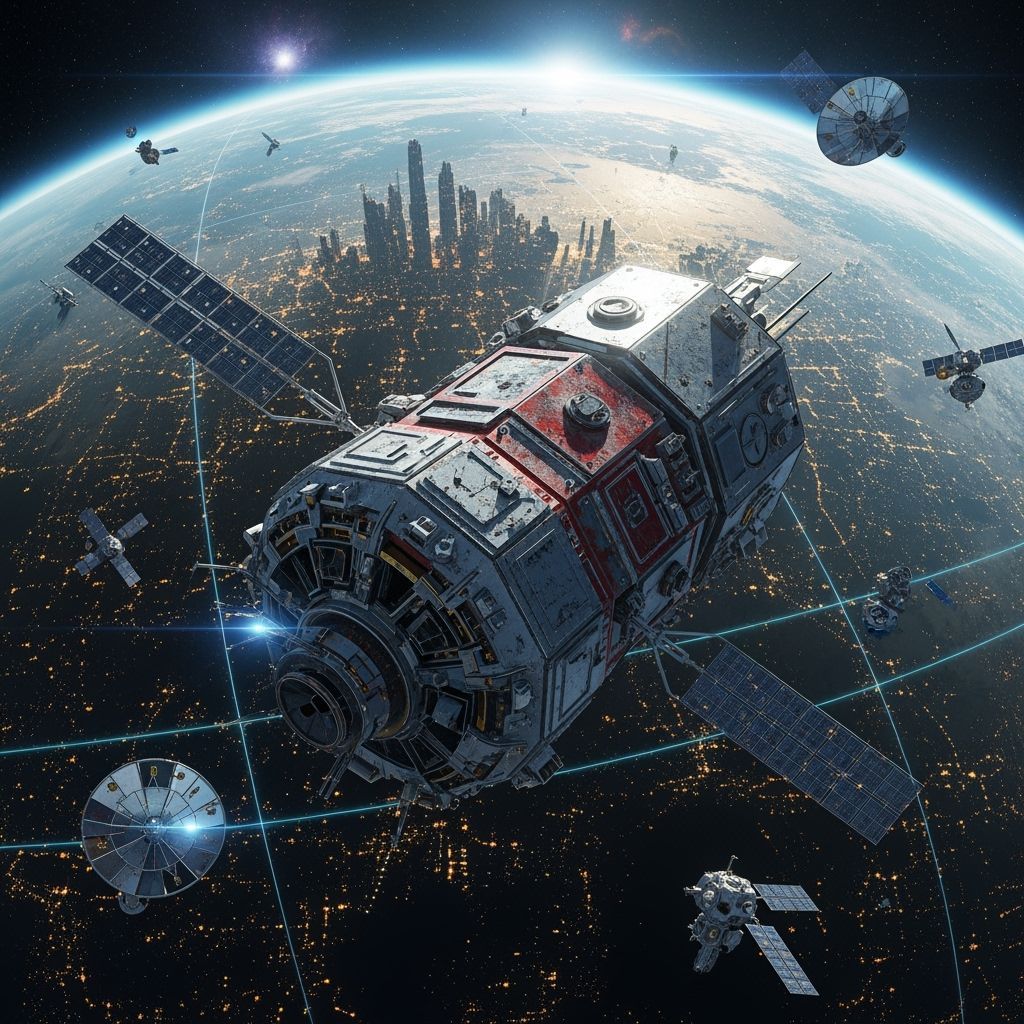 Weathered Space Probe Orbiting High-Tech Planet