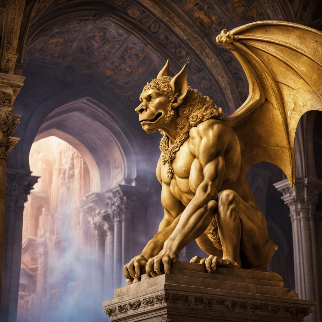 Golden Gargoyle Statue in Crumbling Sanctum