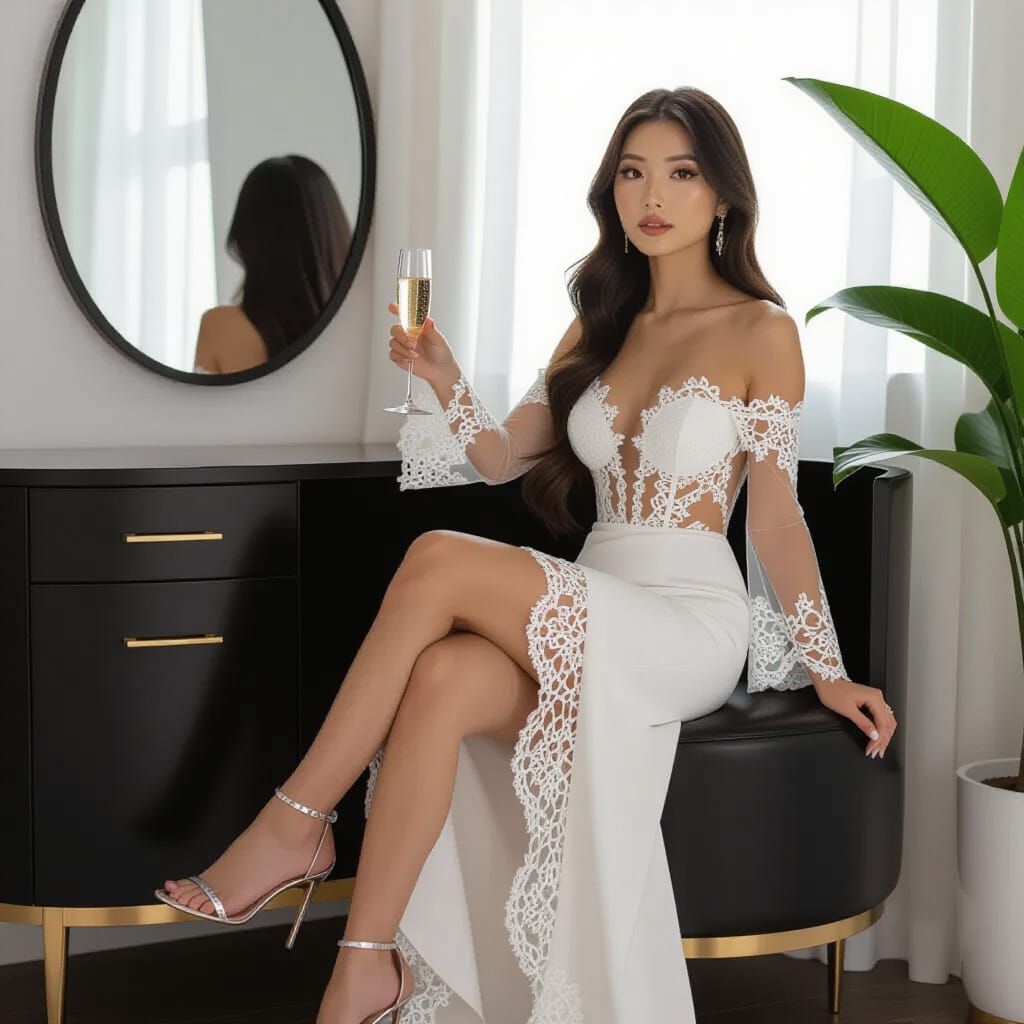 Elegant Woman in White Lace Dress Holding Champagne