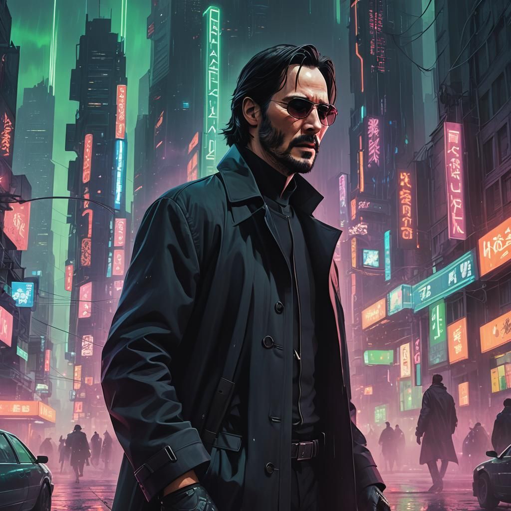 Neo in Futuristic City: Dark Sci-Fi Concept Art