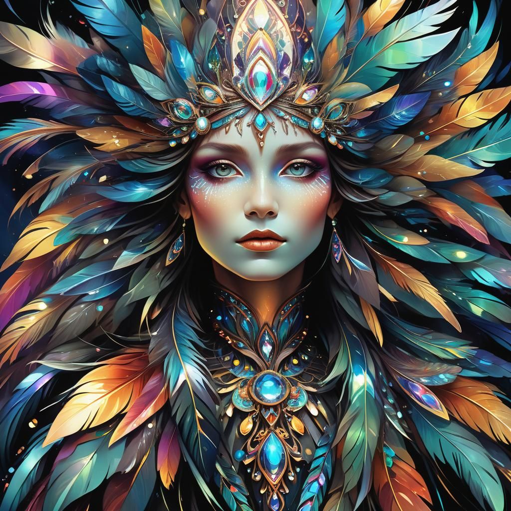 Chimeric Goddess with Prismatic Crystals in Art Nouveau Styl...