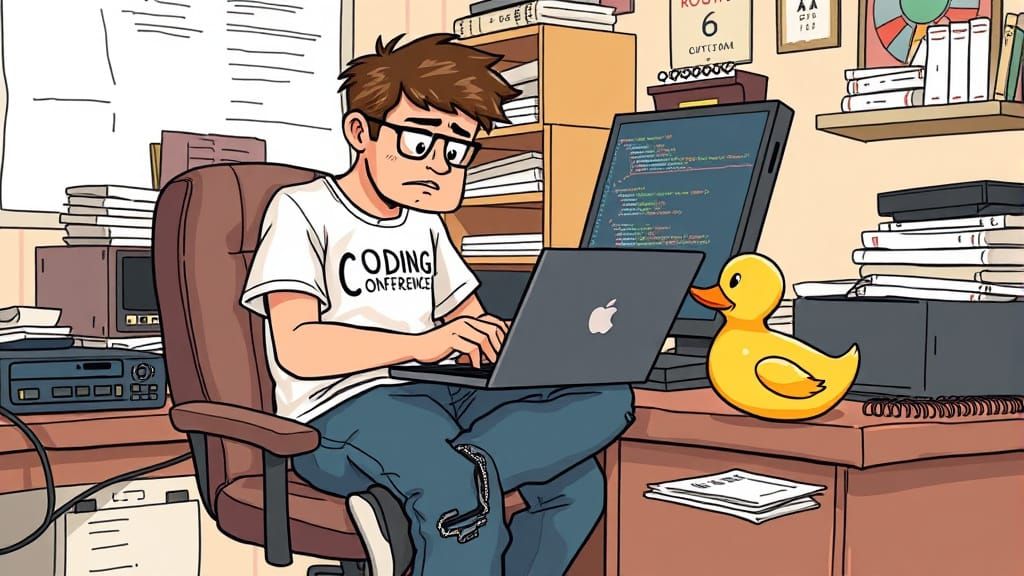Programmer Explains Code to Curious Rubber Duck in Whimsical...