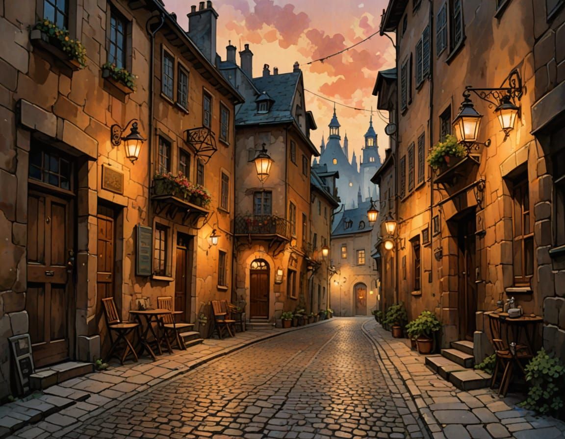 Romantic Steampunk Alleyway at Dusk