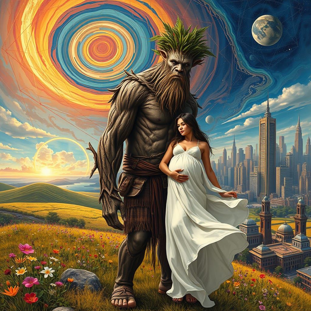 Gentle Giant and Pregnant Woman in Astral Landscape