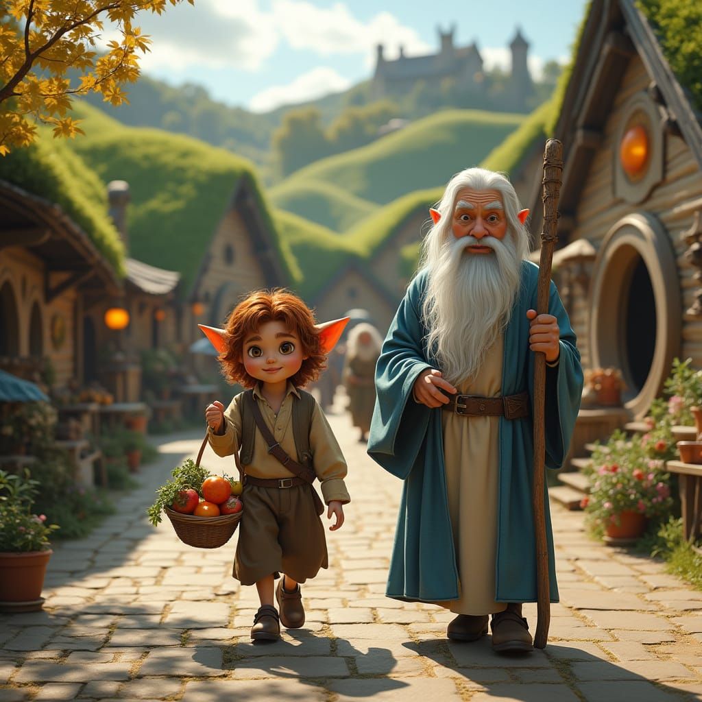 Hobbit and Wizard in Bustling Market Square