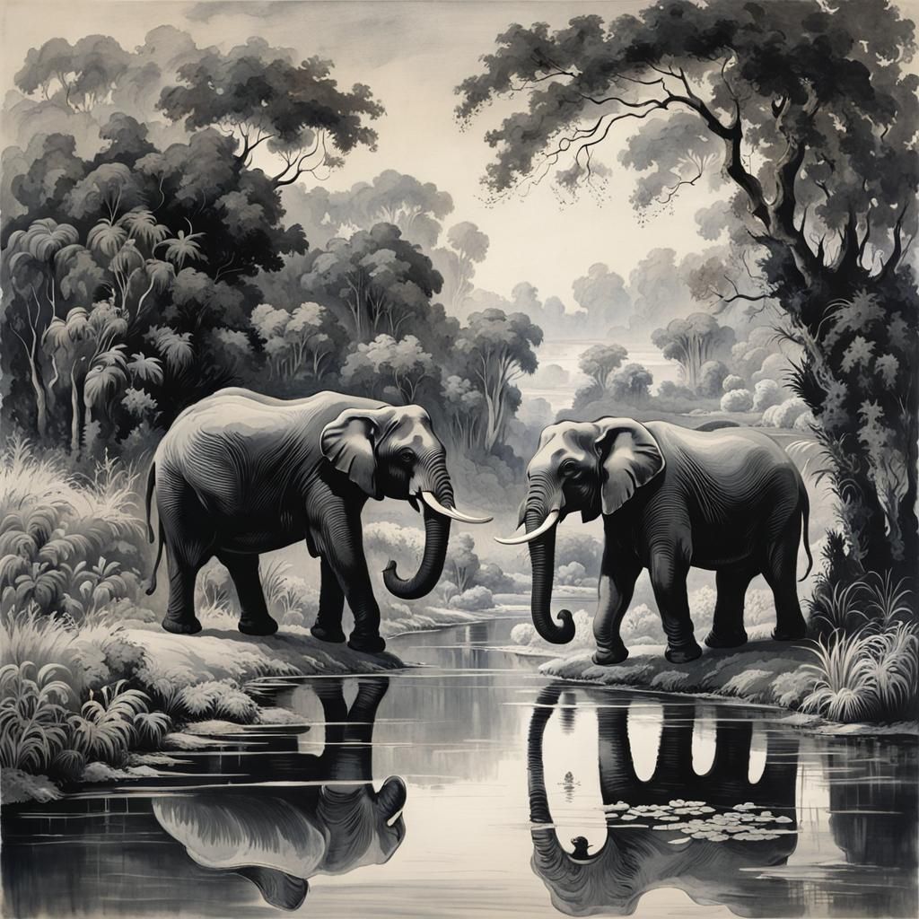 Elephants by Idyllic River in Grayscale Ink Wash