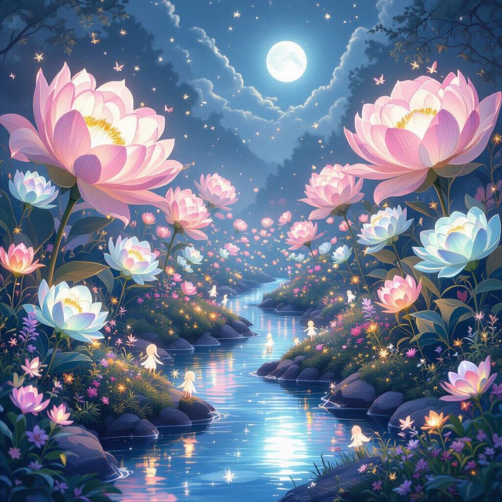 Magical Garden with Glowing Flowers and Fairies