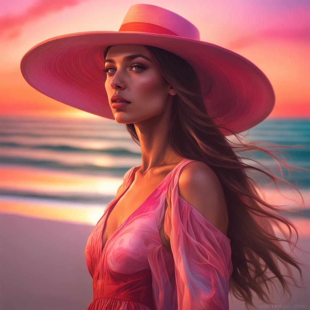 Double Exposure Brunette on Beach at Sunset