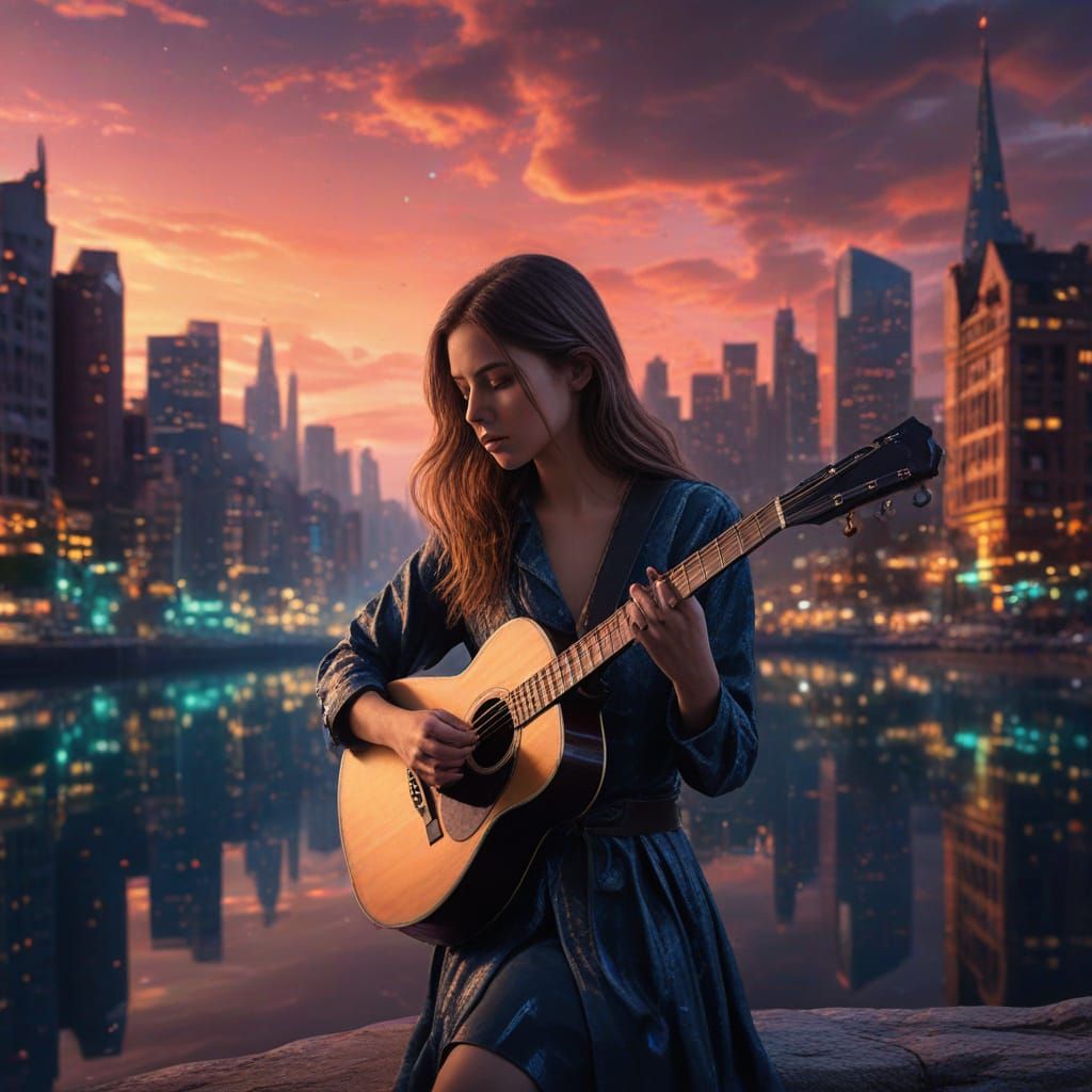 Cosmic Cityscape: Lone Guitarist Plays Ethereal Melody
