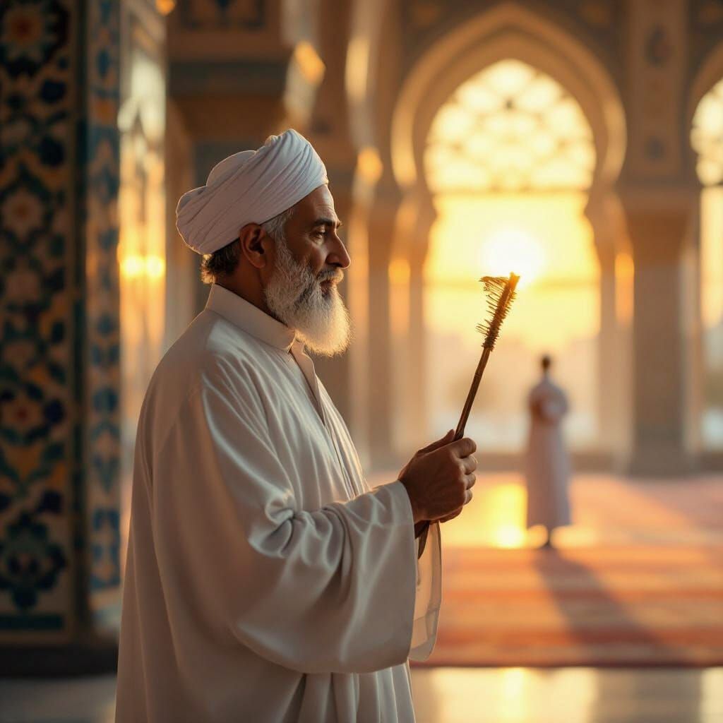 Mosque Prayer Hall at Dawn with Man Using Miswak