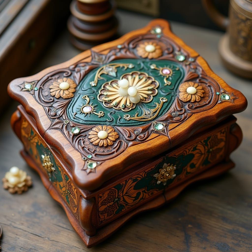 Ornate Wooden Music Box with Gemstone Inlay, Art Nouveau