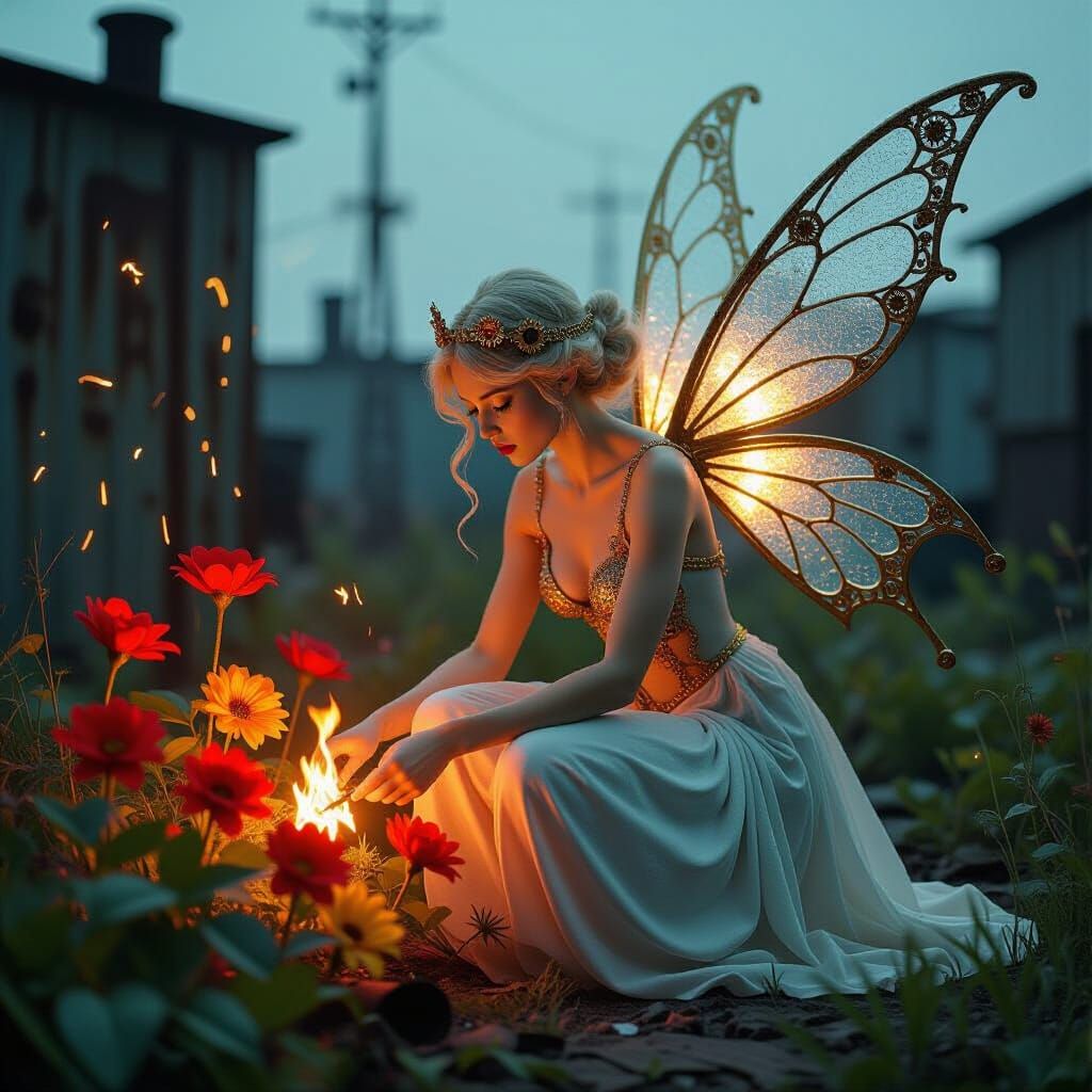 Glass Fairy Tends Fire Flowers in Junkyard Garden