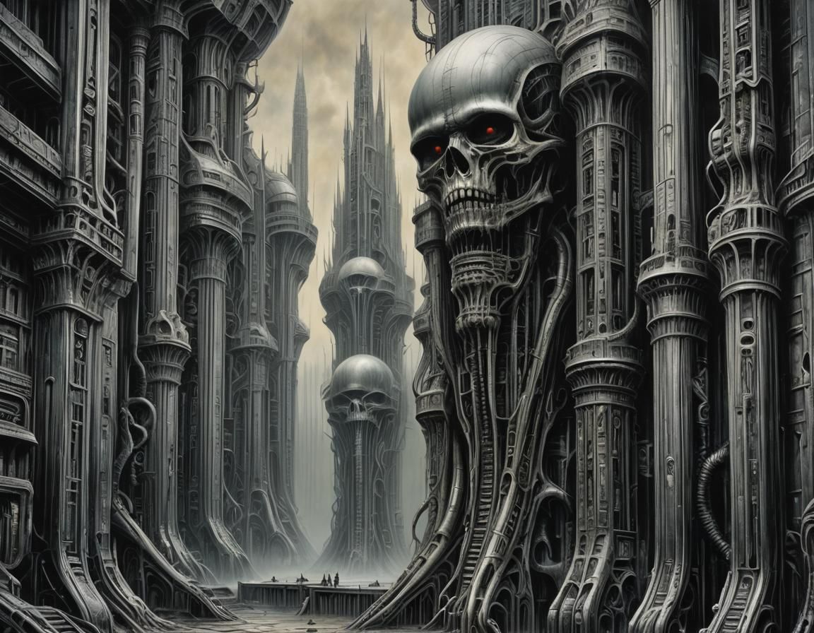 Nightmarish Gigeresque Cityscape of Towering Fear