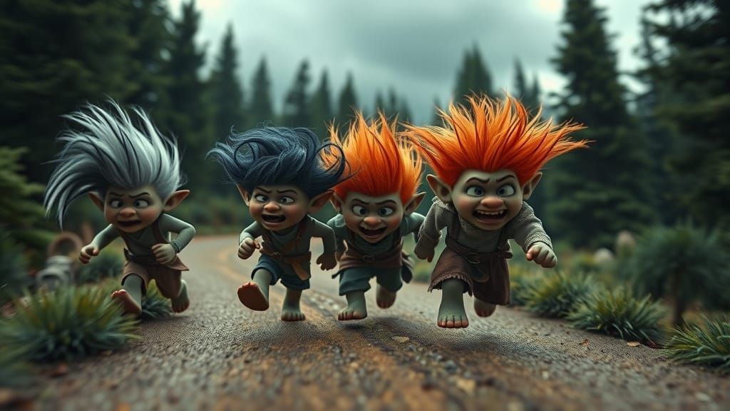 Pixar-Style Trolls Flee Through Dark Forest