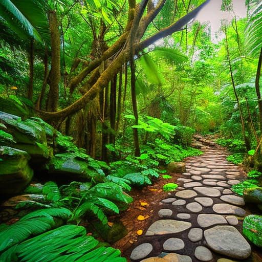 Stone Path Through a Lush Jungle Landscape