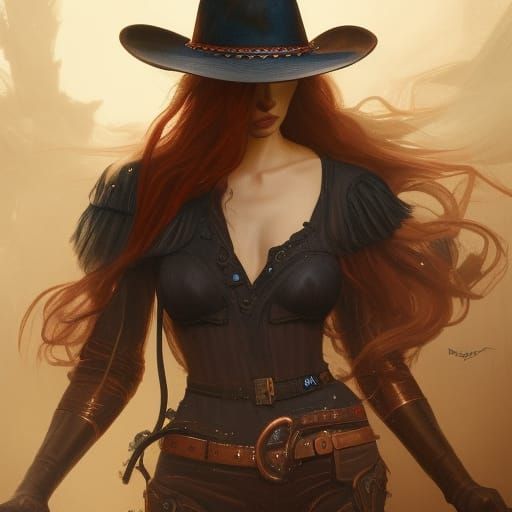 Copper Haired Woman with Red Horse, Dark Fantasy