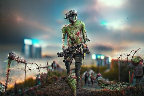 Hyperrealistic Zombie Soldier in Post-Apocalyptic Landscape