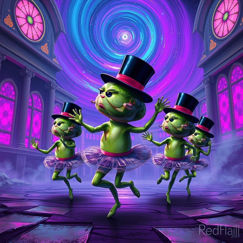 Cyberpunk Brussels Sprouts Dance Amidst Ancient Roman Archit...