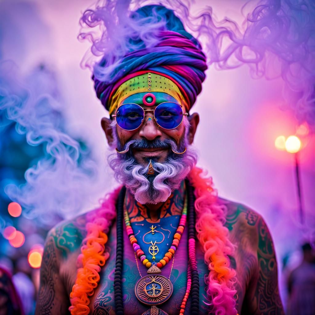Psychedelic Bishop at Holi Night in Surreal Style