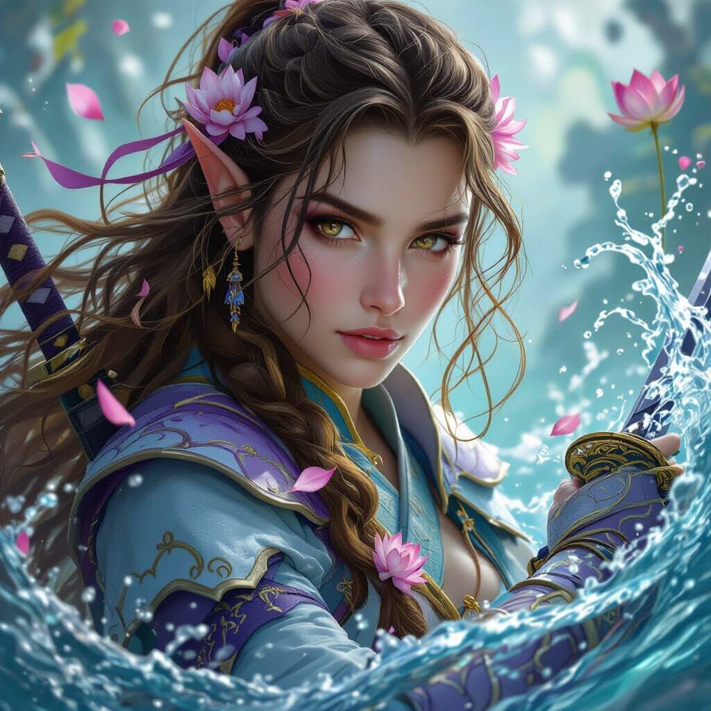 Half-Elf Warrior Manipulating Water in Fantasy Armor