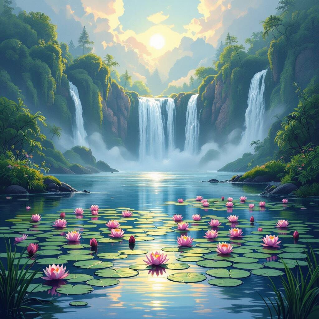 Enchanted Lake with Waterfall, Lush Greenery