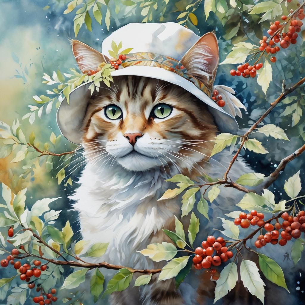 Cat in Rowan Tree: Watercolor Portrait