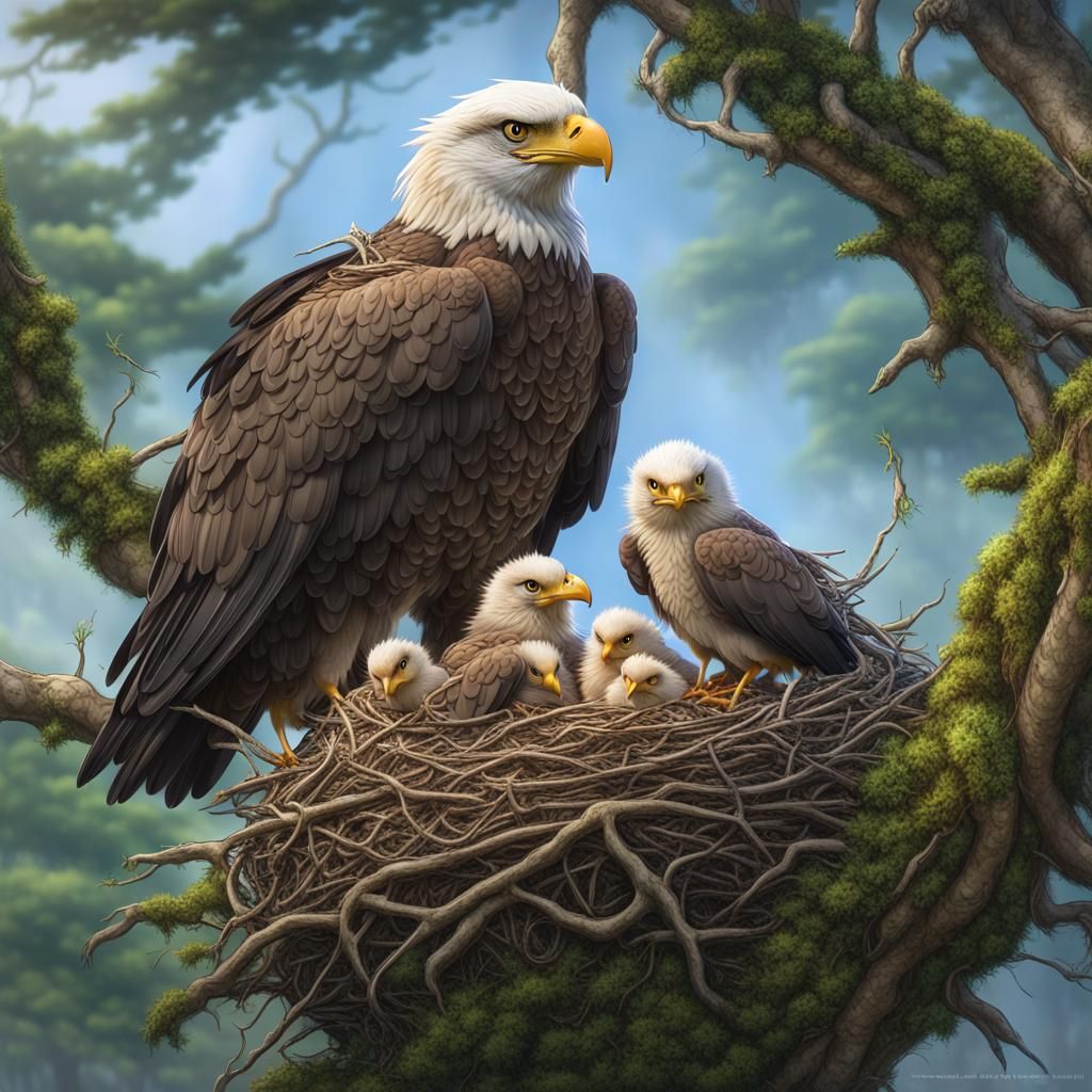 Protective Eagle Mother: Anime-Inspired Nest Scene