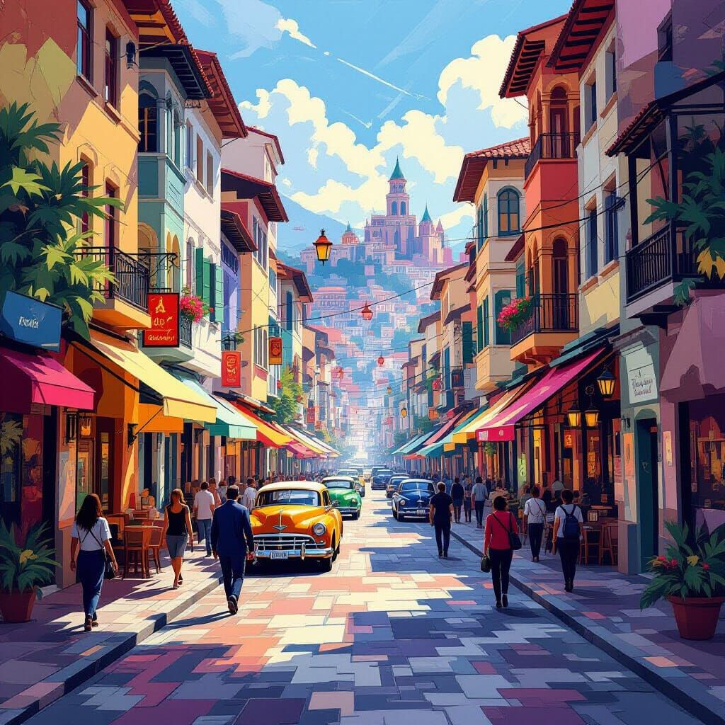 Geometric Street Scene in Cubist Neo-Cubism Style