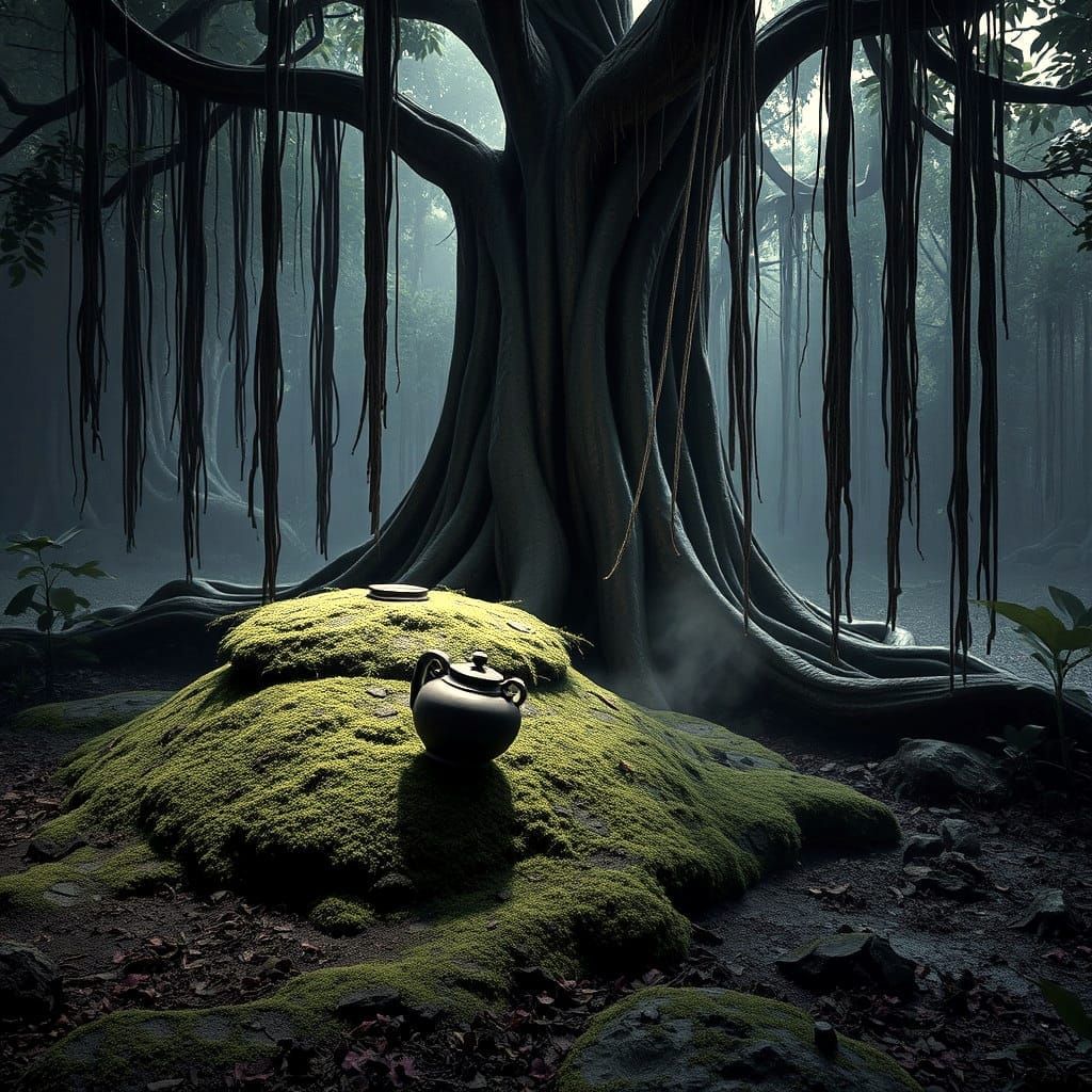 Ancient Grave Under Banyan Tree: Dark Fantasy Art