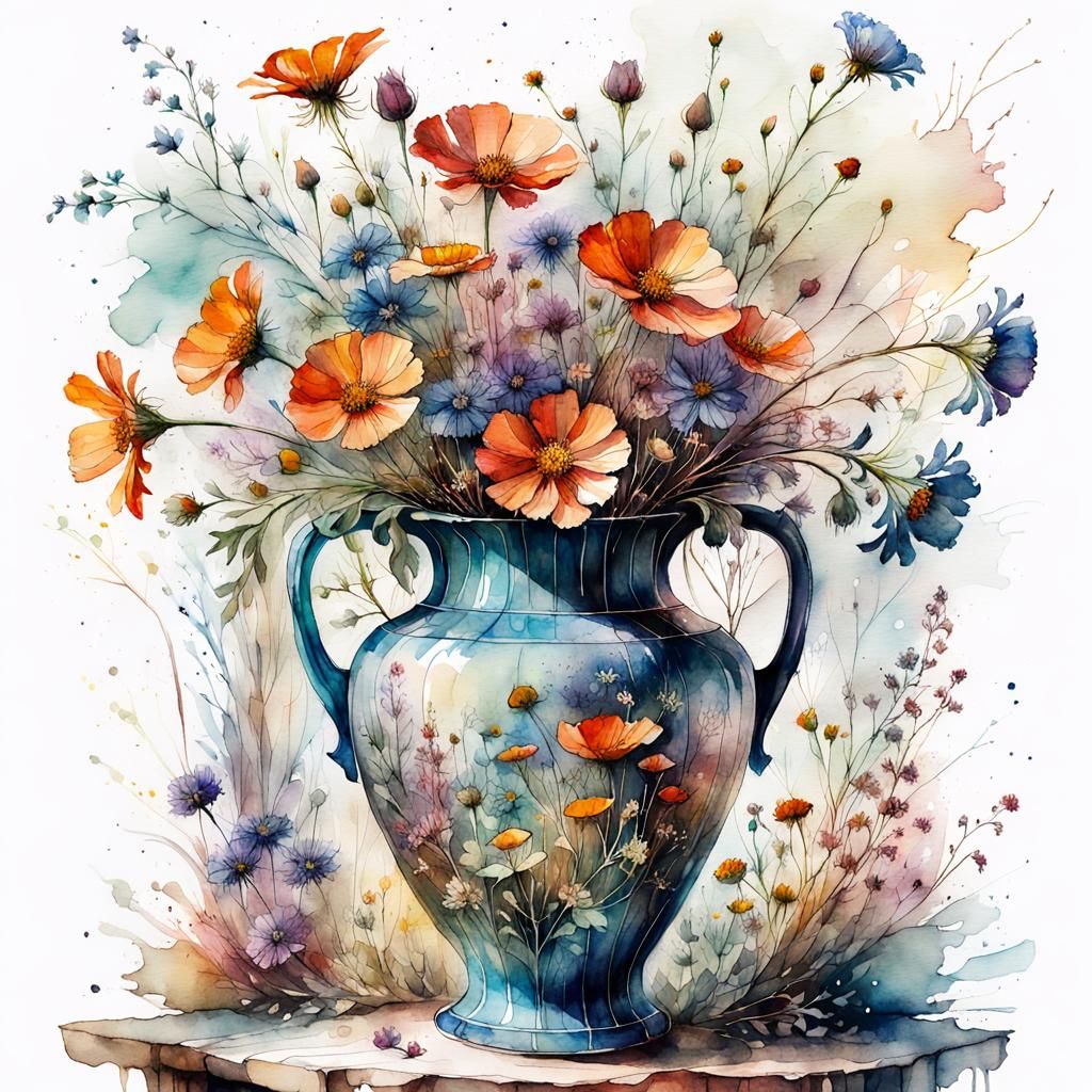 Watercolor Wildflowers in Vase, Cottagecore Style