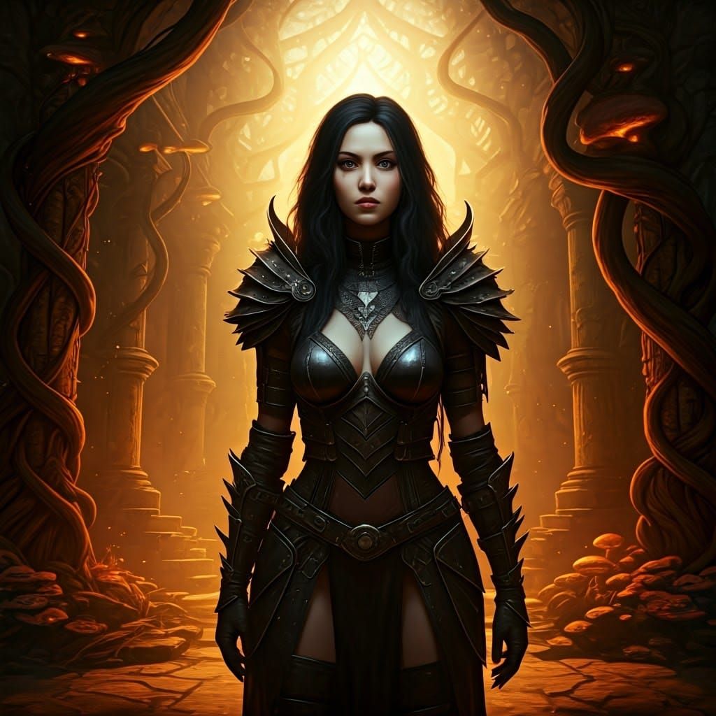 Woman in Leather Armor in Mystical Ruins