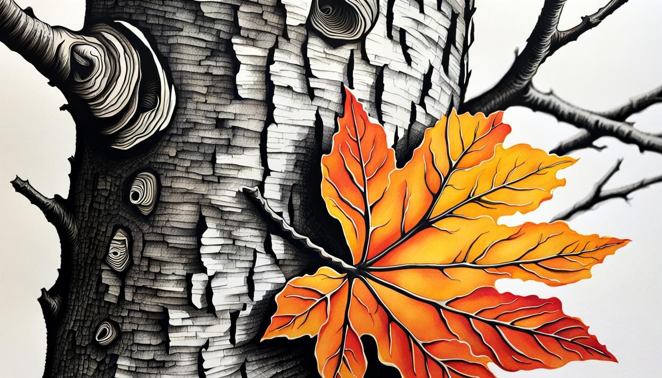 Botanical Ink Drawing of Aspen Tree and Leaf