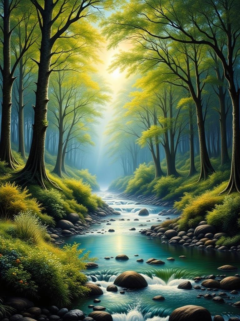 Peaceful Forest River with Dappled Sunlight