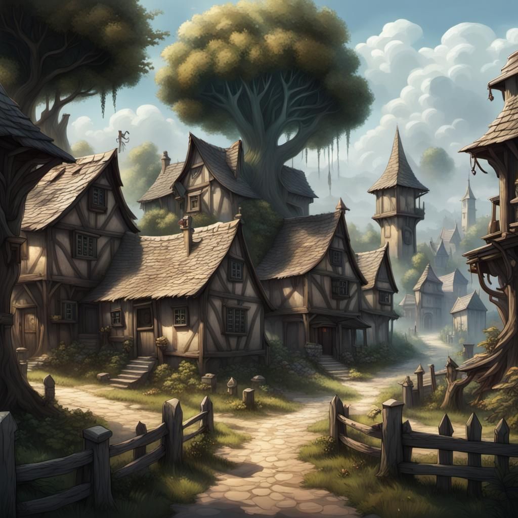 Mystical Dreamlike Village Illustration
