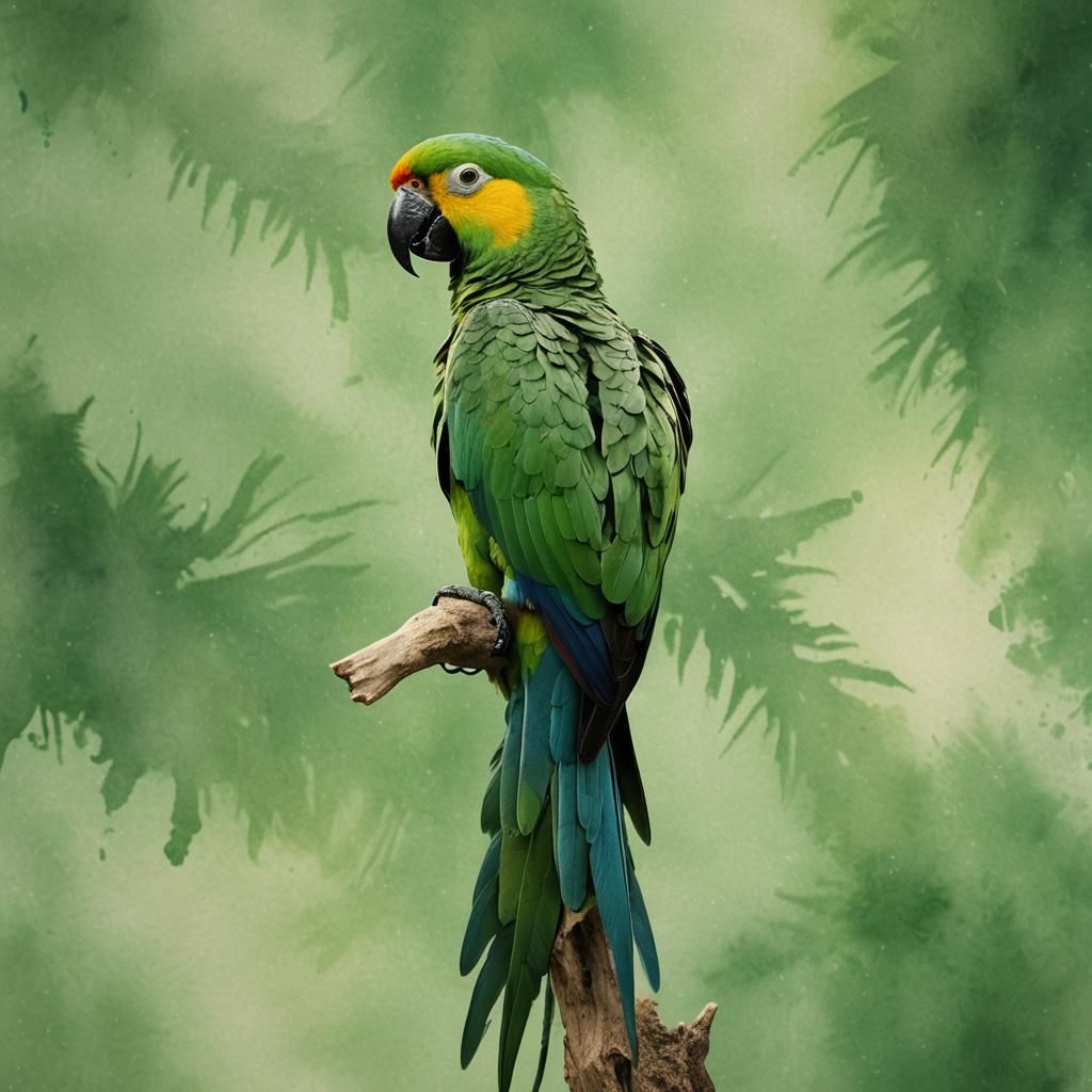 Hyperrealistic Green Parrot Splash Art in Watercolor Style