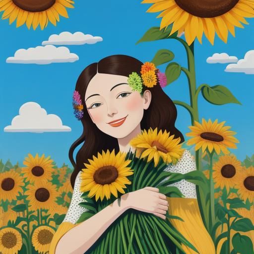 Naive Art: Woman with Sunflowers in Garden