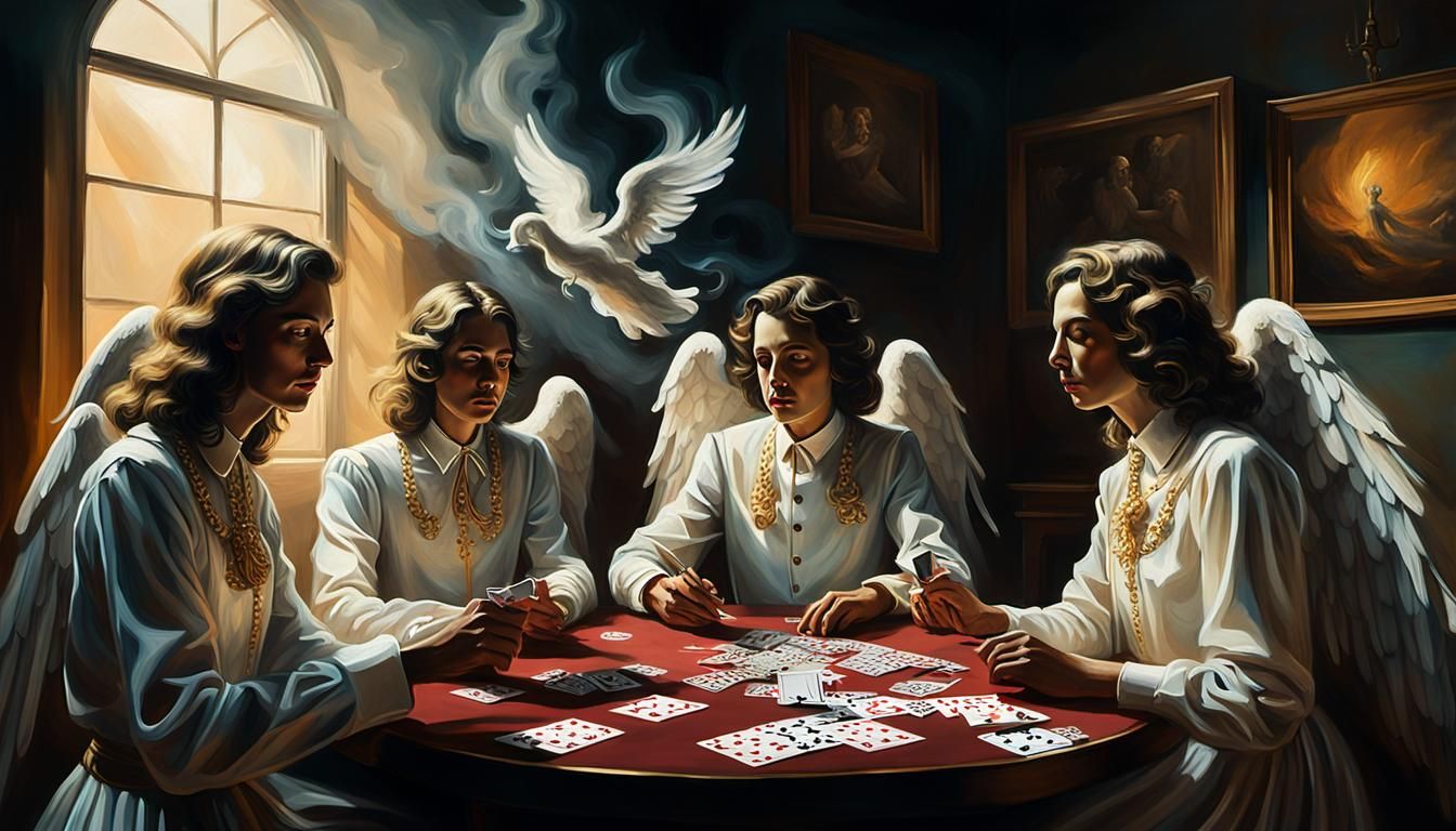 Surreal Angels Play Poker in a Dali-Inspired Scene