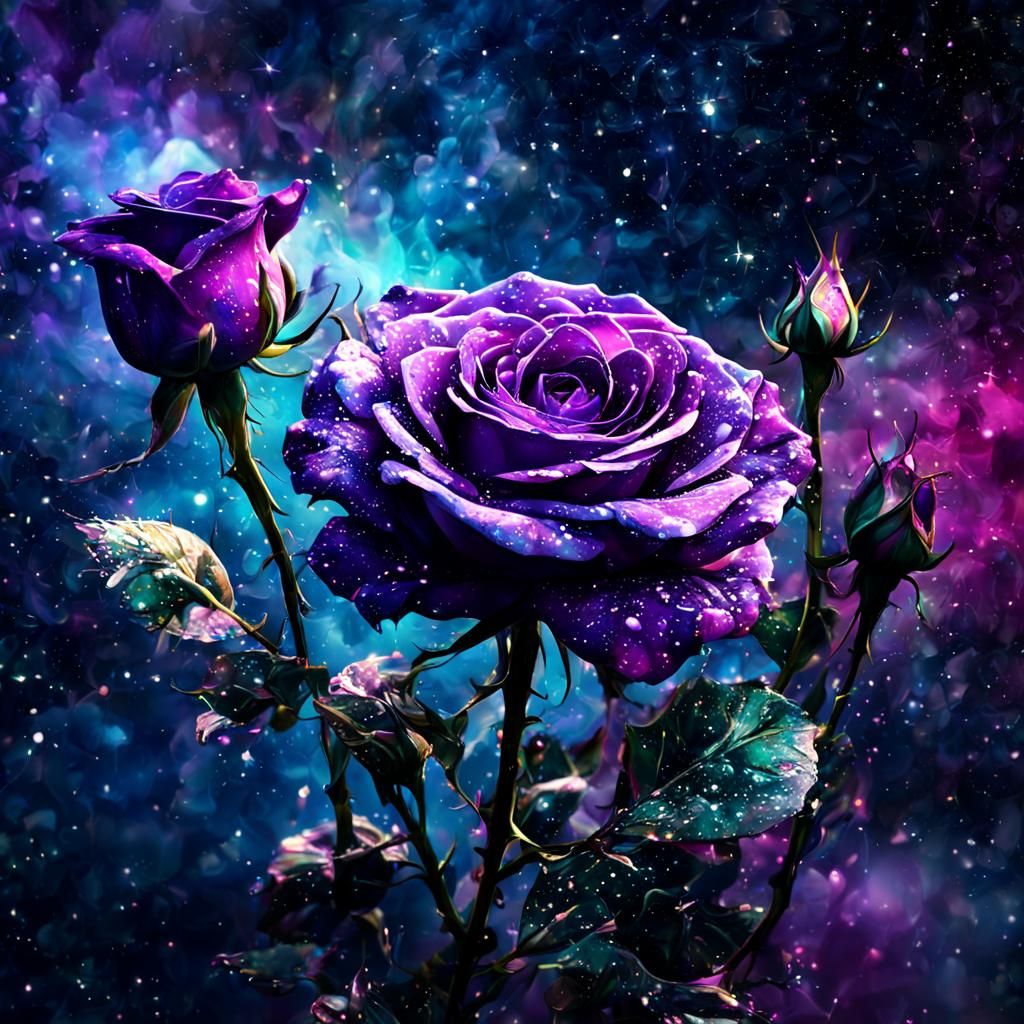 Hyperrealistic Purple Rose in Cosmic Stardust