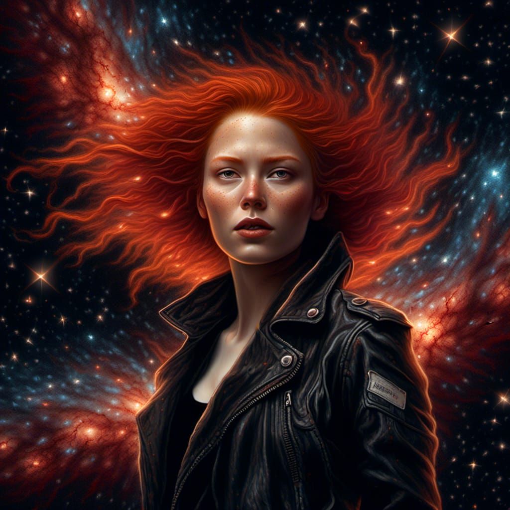 Pyrography Art: Fiery Woman in Leather Jacket