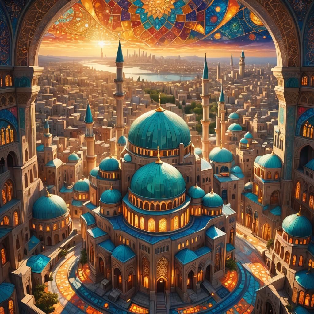 Harmonious Mosque-Synagogue Fusion in Mystical Cityscape