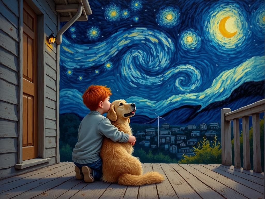 Boy and Dog Admire Starry Night as Impasto Painting
